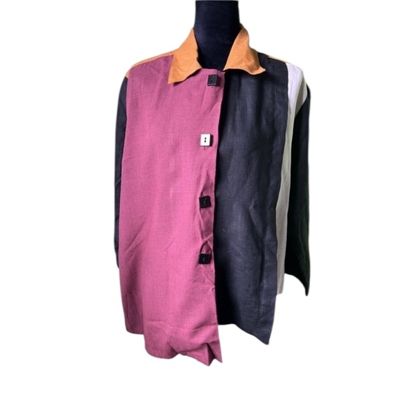 carole tomkins Tops - Vintage Carole Tomkims Women’s Linen Button Down Colorblock top L the big shirt